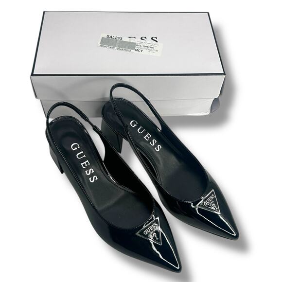 GUESS Zanda Slingback Block Heel Pumps Black Patent Size 7.5 Pointy Toe Heels - Picture 10 of 12